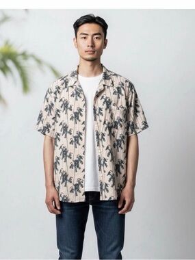 The Foundry Supply Co. Beige Short-Sleeve Palm-Print Button-Down Shirt